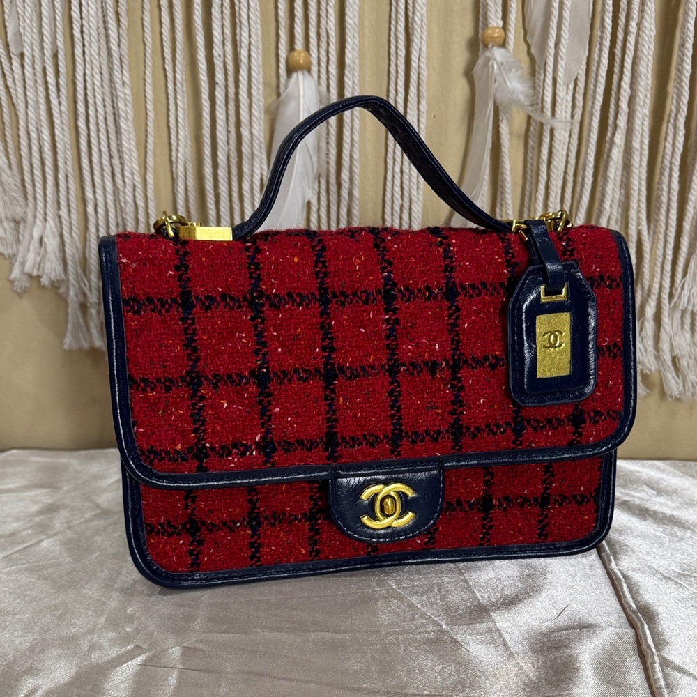 Fashion CC School Memory Top Handle Flap Bag Quilted Tweed Small